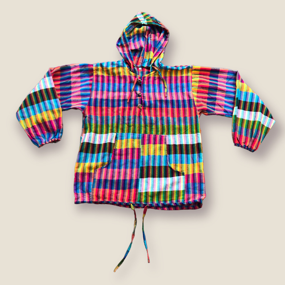 100% Cotton Rainbow Multicolor Mexican Baja Pullover Hoodie Drug Rug Size Medium